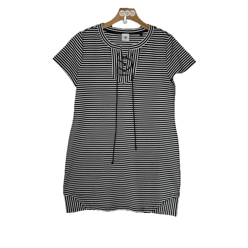 Cabi Dress Navy Blue White‎ Striped Med Lace Up Nautical Summer Beach Cruise